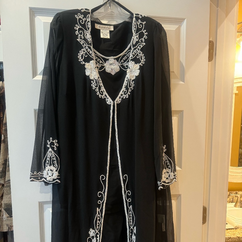 Roaman's Three Piece Navy Pants Suit with Sheer Lace Jacket